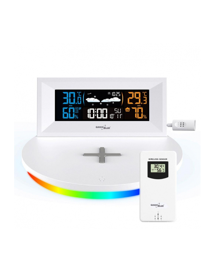 Stacja pogody GreenBlue GB213 bezprzewodowa z ładowarką bezprzewodową/indukcyjna zegar, alarm, kalendarz, czujnik zewnętrzy główny