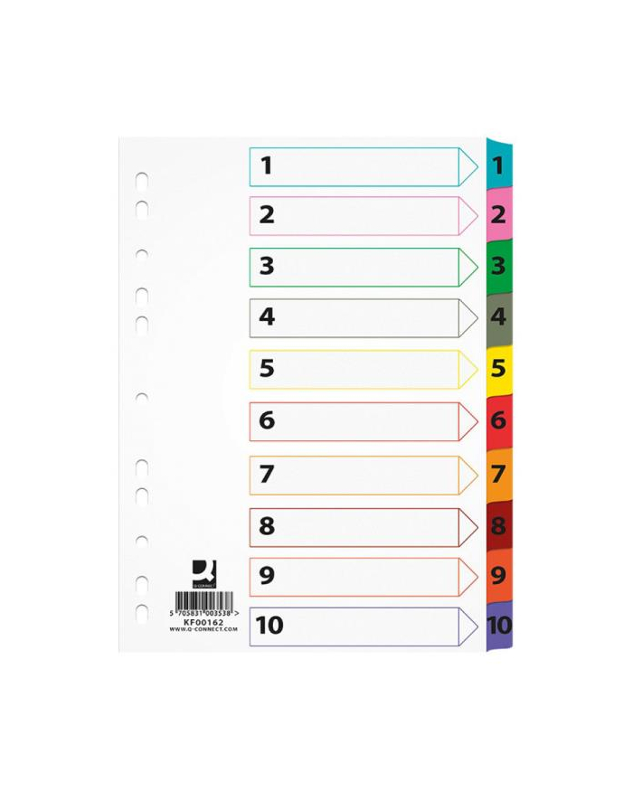 pbs connect Przekładki Q-CONNECT Mylar, karton, A4, 225x297mm, 1-10, 10 kart, lam. indeks, mix kolorów główny