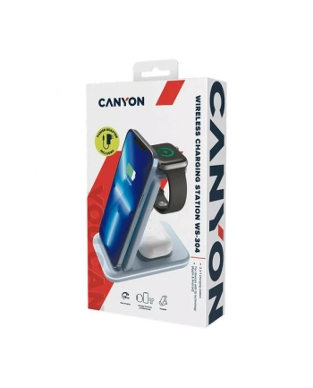 CANYON WS-304, Foldable  3in1 Wireless charger, with touch button for Running water light, Input 9V/2A,  12V/1.5AOutput 15W/10W/7.5W/5W, Type c to USB-A cable length 1.2m, with QC18W (wersja europejska) plug,132.51*75*28.58mm, 0.168Kg,Blue