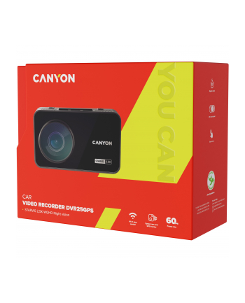 Canyon DVR25GPS, 3.0'' IPS (640x360), touch screen, WQHD 2.5K 2560x1440@60fps, NTK96670, 5 MP CMOS Sony Starvis IMX335 image sensor, 5 MP camera, 140° Viewing Angle, Wi-Fi, GPS, Video camera database, USB Type-C, Supercapacitor