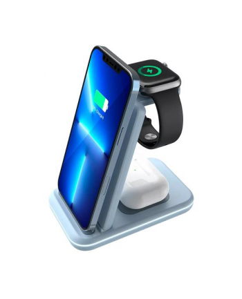 CANYON WS-304, Foldable  3in1 Wireless charger, with touch button for Running water light, Input 9V/2A,  12V/1.5AOutput 15W/10W/7.5W/5W, Type c to USB-A cable length 1.2m, with QC18W (wersja europejska) plug,132.51*75*28.58mm, 0.168Kg,Blue