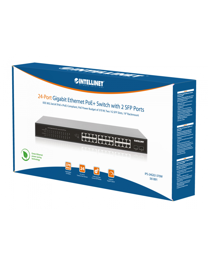 Switch niezarządzalny Intellinet 24x 10/100/1000 Mbps PoE+ 370W + 2x SFP Rack 19'', manual VLAN główny