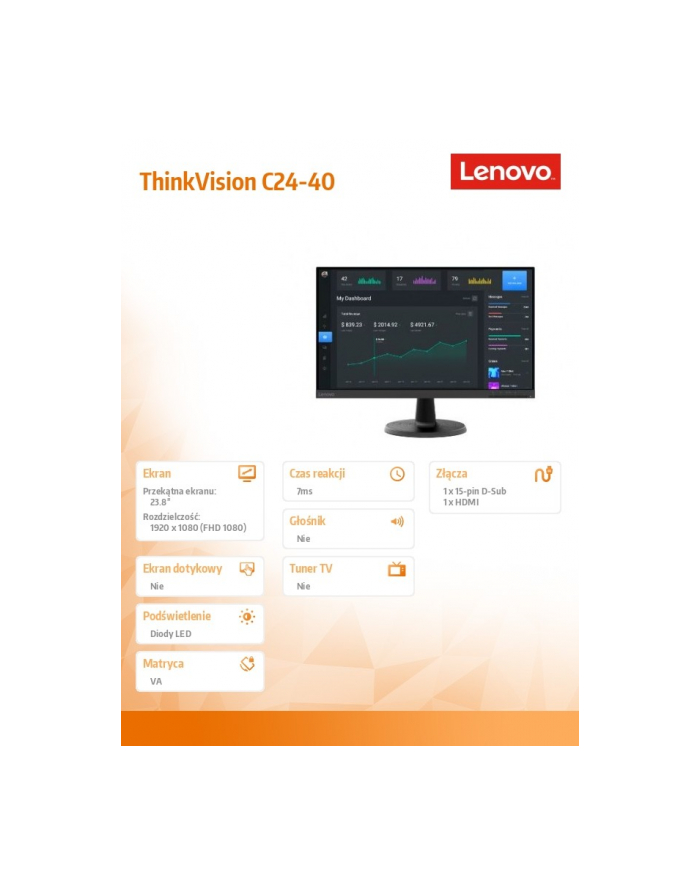 lenovo Monitor 23.8 cala ThinkVision C24-40 WLED 63DCKAT6(wersja europejska) główny