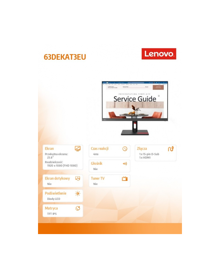 lenovo Monitor 23.8 cala ThinkVision S24i-30 WLED LCD 63D-EKAT3(wersja europejska) główny