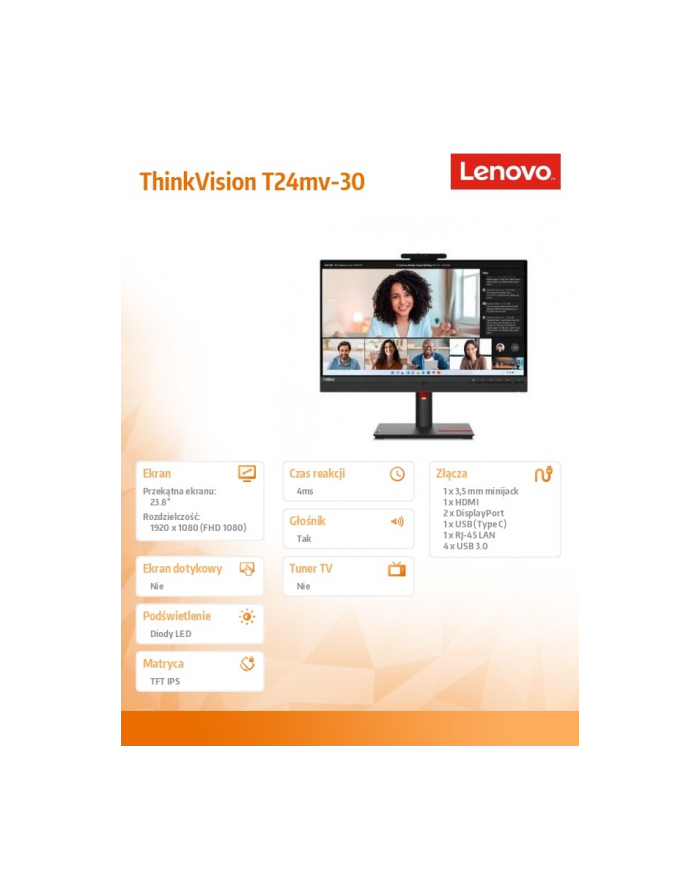 lenovo Monitor 23.8 cala ThinkVision T24mv-30 FHD 63D7UAT3(wersja europejska) główny