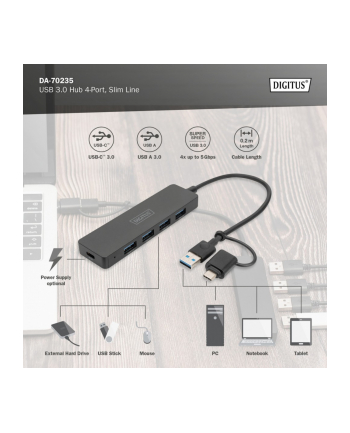 digitus Hub USB 3.0/Koncentrator 4-portowy SlimLine USB A + adapter USB-C 5Gbps, złącze zasilania USB-C