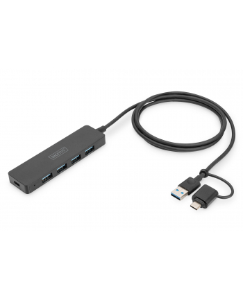 digitus Hub USB 3.0/Koncentrator 4-portowy SlimLine USB A + adapter USB-C 1,2m 5Gbps, złącze zasilania USB-C