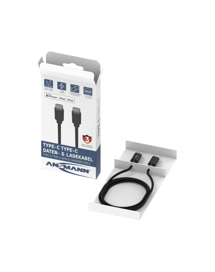 Ansmann USB 3.2 Gen 1 cable, USB-C connector > USB-C connector (Kolor: CZARNY, 1.2 meters, charging with up to 60 watts) główny
