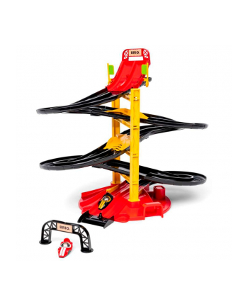 BRIO racetrack tower with two racing cars, toy vehicle