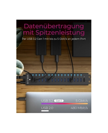 icybox Hub IB-HUB1717 16+1 port USB HUB, 16x USB + 1x USB do ładowania, USB 3.2 Gen 1, 96 Watt zasilacz
