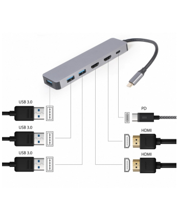 gembird Adapter USB-C Hub USB-C PD HDMI x2 USB 3.0x3