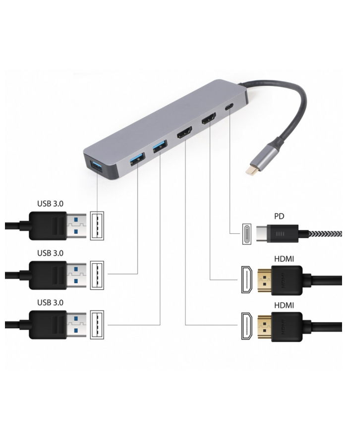 gembird Adapter USB-C Hub USB-C PD HDMI x2 USB 3.0x3 główny