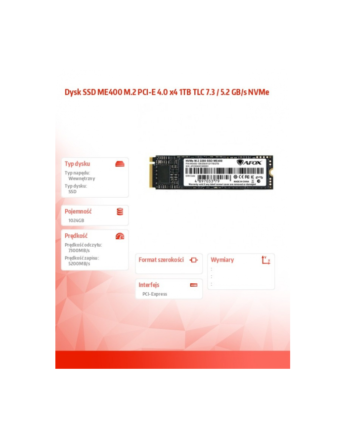 afox Dysk SSD ME400 M.2 PCI-E 4.0 x4 1TB TLC 7.3 / 5.2 GB/s NVMe główny