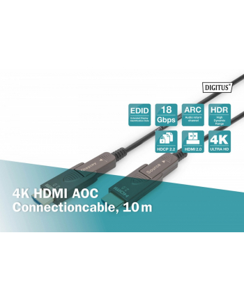 digitus Kabel hybrydowy AOC HDMI 2.0 Premium High Speed Ethernet 4K60Hz UHD HDMI D/A HDMI D/A M/M z odłączanym wtykiem, 10m, Czarny