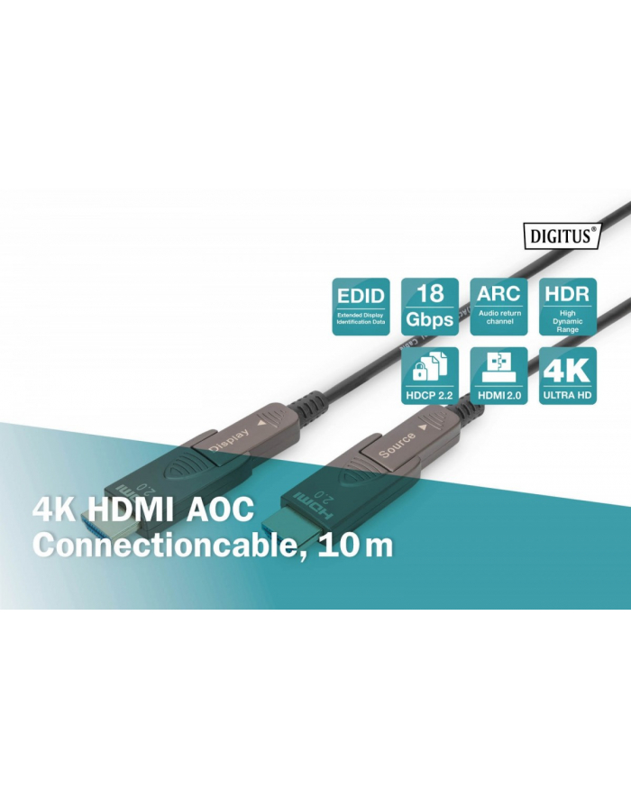 digitus Kabel hybrydowy AOC HDMI 2.0 Premium High Speed Ethernet 4K60Hz UHD HDMI D/A HDMI D/A M/M z odłączanym wtykiem, 10m, Czarny główny