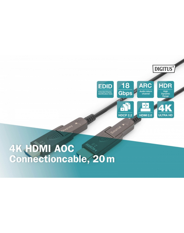 digitus Kabel hybrydowy AOC HDMI 2.0 Premium High Speed Ethernet 4K60Hz UHD HDMI D/A HDMI D/A M/M z odłączanym wtykiem, 20m, Czarny główny