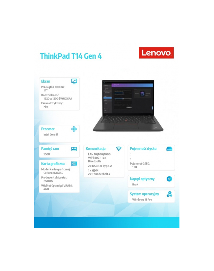 lenovo Ultrabook ThinkPad T14 G4 21HD009YPB W11Pro i7-1360P/16GB/1TB/MX550 4GB/14.0 WUXGA/Thunder Balck/3YRS Premier Support + CO2 Offset główny