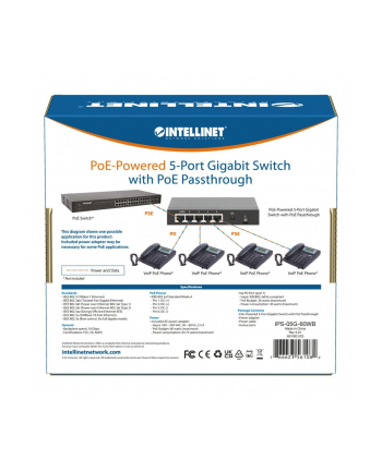 intellinet Switch Gigabit 5xPoE Passthrough zasilany PoE lub AC,68W