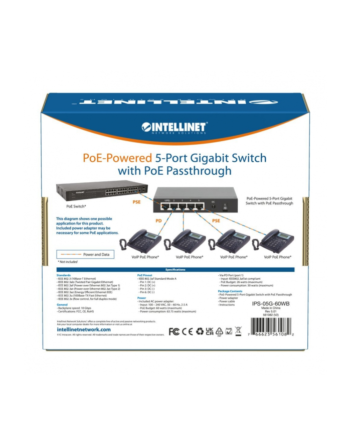 intellinet Switch Gigabit 5xPoE Passthrough zasilany PoE lub AC,68W główny
