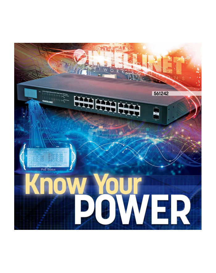 intellinet Switch Gigabit 24x RJ45 PoE+, 2x SFP, wyświetlacz LCD główny