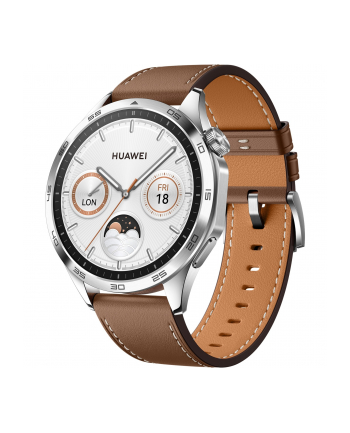 Smartphome Huawei Watch GT4 46mm (Phoinix-B19L), smartwatch (silver, brown leather strap)