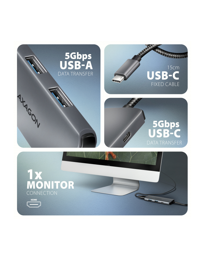 axagon Hub HMC-5H8K 2x USB-A, 1x USB-C, 8K HDMI, USB 3.2 Gen 1 hub, PD 100W, 15cm USB-C kabel główny