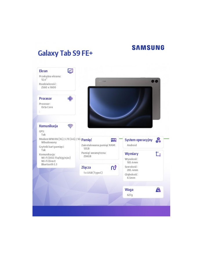 samsung Tablet Galaxy Tab S9 FE+ X610 12.4 cala Wifi 12/256GB Szary główny