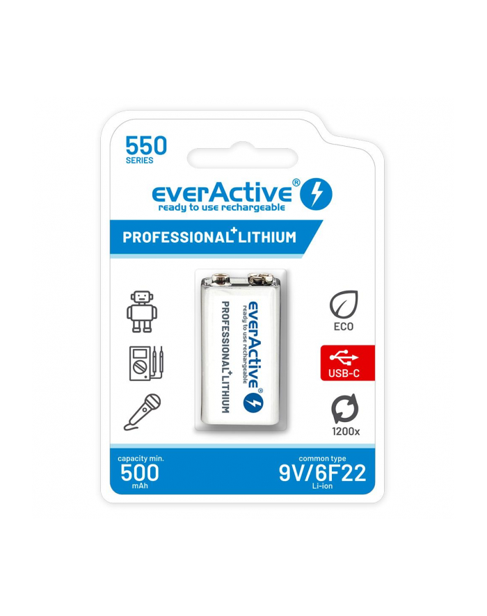 Akumulatorek everActive 6F22/9V Li-ion 550 mAh z USB TYP C główny