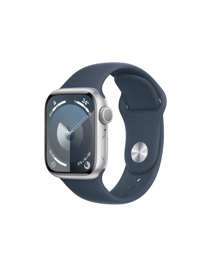 APPLE Watch Series 9 GPS Koperta 41mm z aluminium w kolorze srebrnym z paskiem sportowym w kolorze sztormowego błękitu (MR913ETA) główny