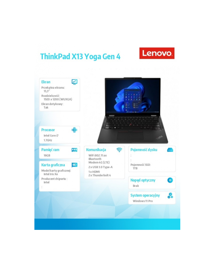 lenovo Ultrabook ThinkPad X13 Yoga G4 21F20045PB W11Pro i7-1355U/16GB/1TB/INT/LTE/13.3 WUXGA/Touch/Deep Black/3YRS Premier Support + CO2 Offset główny
