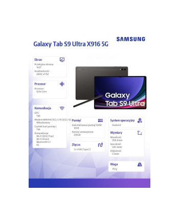 samsung Tablet Galaxy Tab S9 Ultra 14.6 cala X916 5G 12/256GB Gray