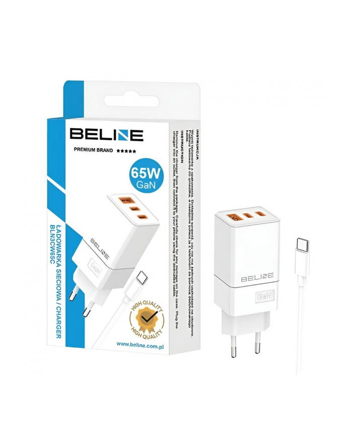 beline Ładowarka sieciowa 65W GaN 2xUSB-C + USB-A+ kabel USB-C Biała główny