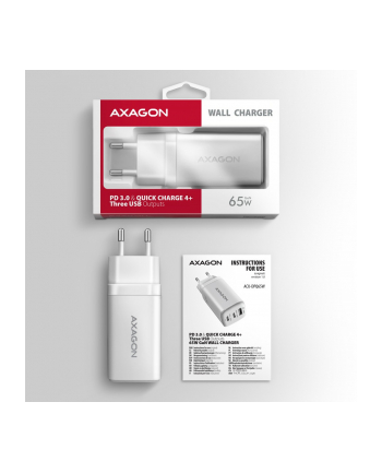 axagon ACU-DPQ65W Ładowarka sieciowa GaN 65W, 3x port (USB-A + dual USB-C) PD3.0/QC4+/PPS/Apple, biała