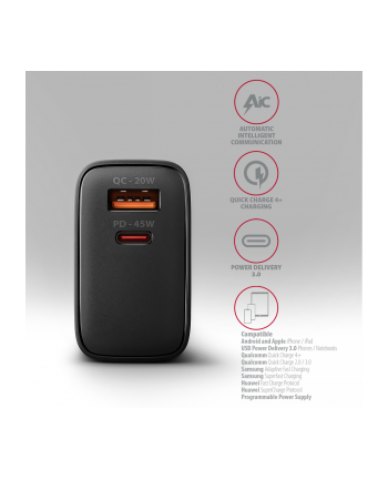 axagon ACU-PQ45 Ładowarka sieciowa 2-port  QC3.0,4.0/AFC/FCP/PPS/Apple  + PD type-C, 45W, Czarna