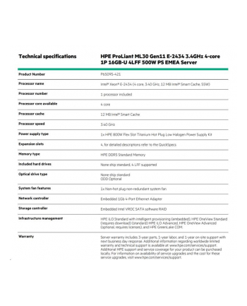 hewlett packard enterprise HPE ProLiant ML30 Gen11 Intel Xeon E-2434 3.4GHz 4-core 1P 16GB-U 4LFF-HP 800W PS Server