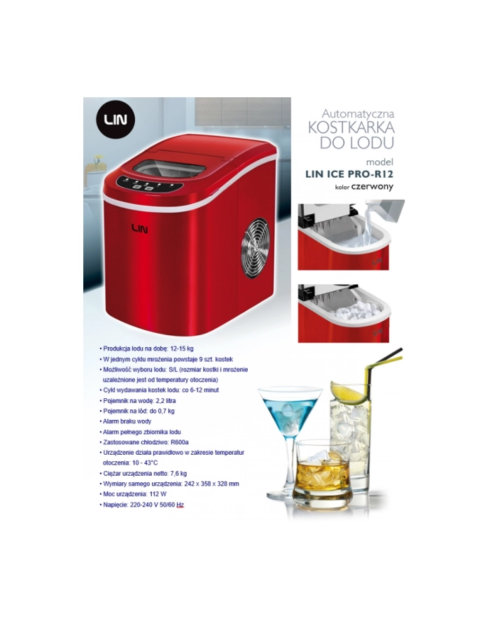 Kostkarka do lodu LIN ICE PRO-R12 czerwona główny