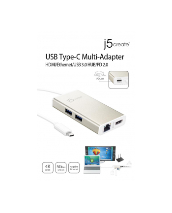 j5 create Stacja dokująca j5create USB-C Multi-Adapter - HDMI™/Ethernet/USB 31 HUB/PD 20 1x4K HDMI/2xUSB 30/1xRJ45 Gigabit; kolor biały JCA374-N