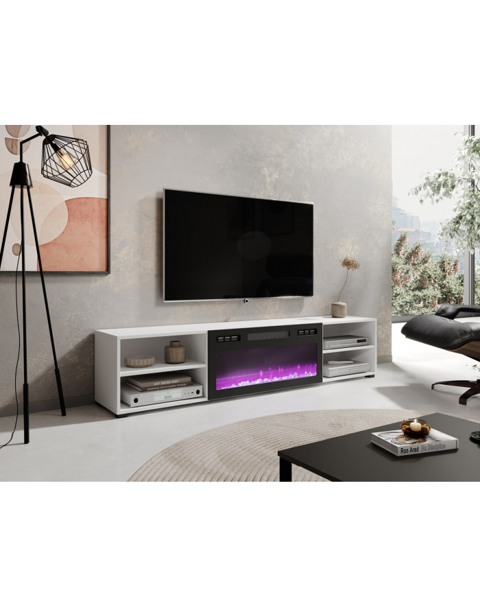 cama meble Szafka RTV POLO 180x33x39 biały + kominek czarny główny