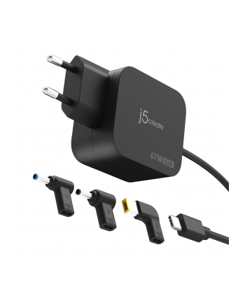 j5 create Ładowarka sieciowa j5create 67W GaN PD USB-C® Mini Charger with 3 Types of DC Connector - (wersja europejska) (1xUSB-C - HP/ Dell/ Lenovo; kolor czarny) JUP1565DCE3A-EN