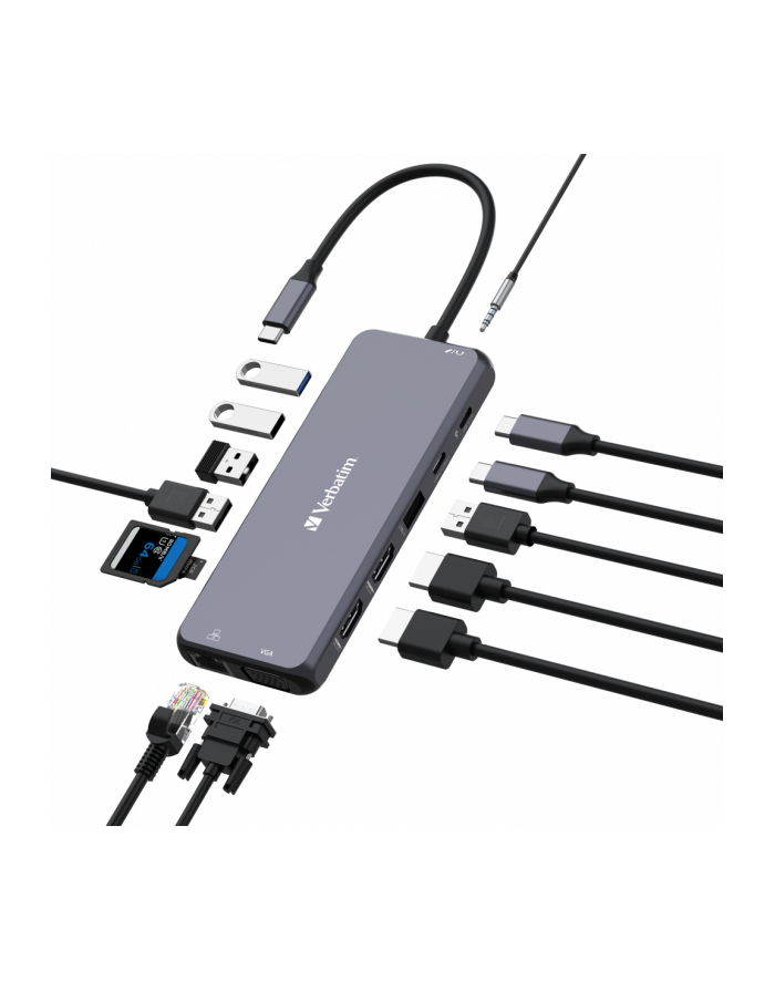 Hub USB Verbatim Multi Port CMH-14: 1x USB-C PD, 3xUSB-A 3.0, 1xUSB-C 3.0, 2xUSB-A 2.0, 2xHDMI, VGA, RJ-45, SD/microSD, audio główny