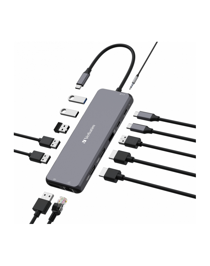 Hub USB Verbatim Multi Port CMH-13: 2x USB-C PD, 1xUSB-A 3.1, 3xUSB-A 3.0, 2xUSB-A 2.0, 2xHDMI, DisplayPort, RJ-45, audio główny