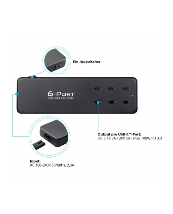 Good Connections USB quick charging station 120 Watt, 6-port, charger (Kolor: CZARNY, PD 3.0, QC 4+, USB-C)