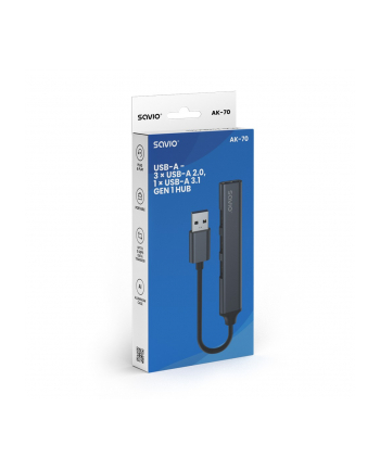 savio Hub 4 porty USB-A - 3 x USB-A 2.0, 1 x USB-A 3.0, 5 Gbps, Aluminium, AK-70