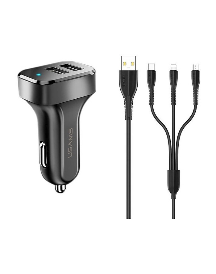 usams Ładowarka samochodowa 2xUSB 2,1A 3w1 kable microUSB/USB-C/Lightning główny