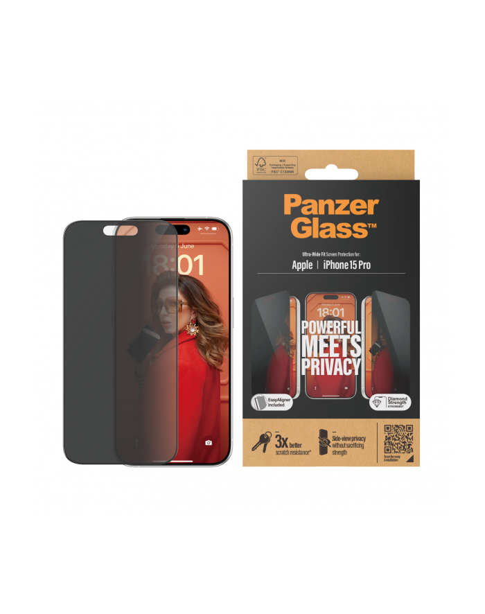 Panzerglass Ultra Wide Fit Szkło Prywatyzujące Do Iphone 15 Pro Czarna Ramka (P2810) główny