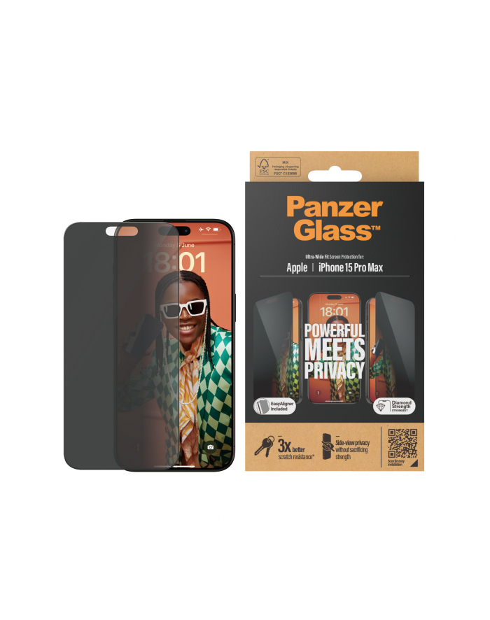 PanzerGlass Ultra-Wide Fit - szkło prywatyzujące do iPhone 15 Pro Max czarna ramka główny