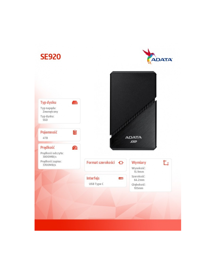 adata Zewnętrzny dysk SSD SE920 4TB USB4C 3800/3700 MB/s Black główny