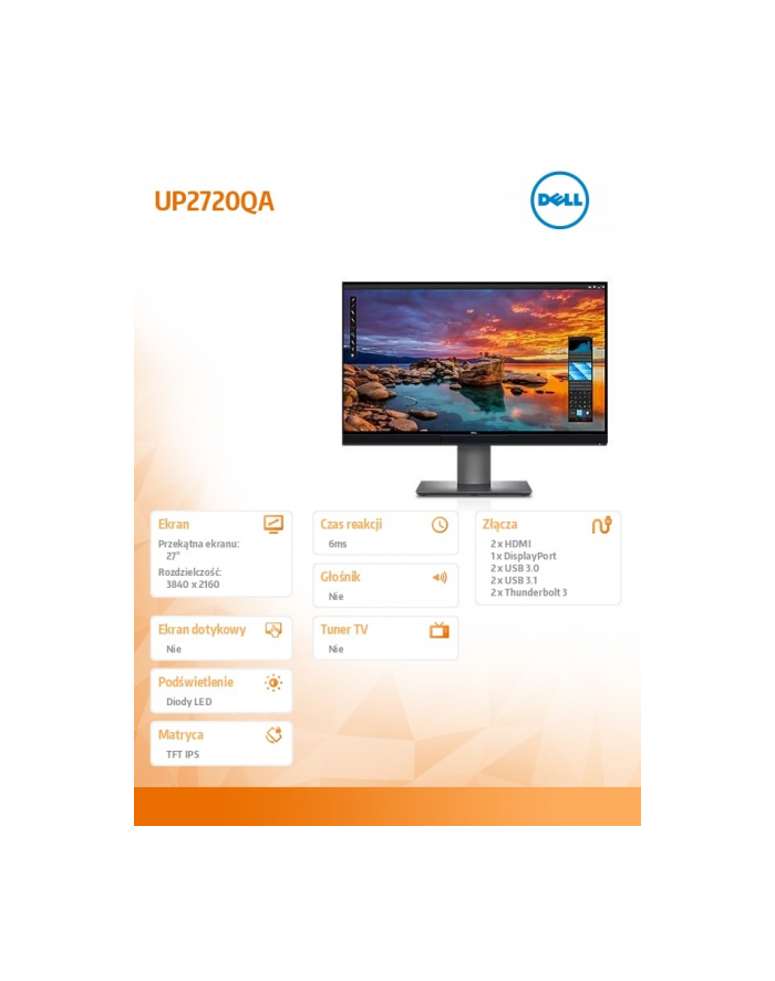 dell Monitor UP2720QA 27 cali IPS UHD/HDMI/DP/Thunderbolt 3/3Y PPG główny