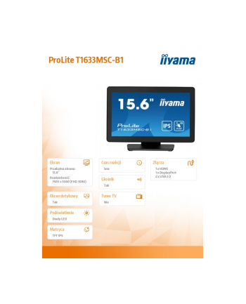 iiyama Monitor 15.6 cala ProLite T1633MSC-B1 poj.10pkt,IP54,IPS,USB