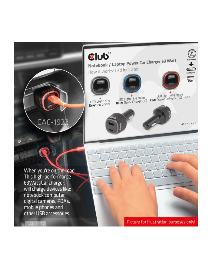 Club 3D Club3D Auto Nabíječka Pro Notebooky 63W 2 Porty USB-C/USB-A CAC-1922 główny